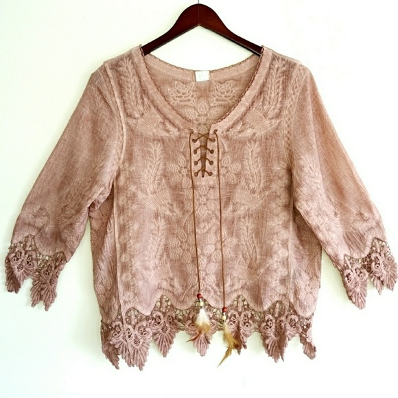 Boho Lace Up Embroidered Cotton Crochet Lace Top - Picture 2 of 7